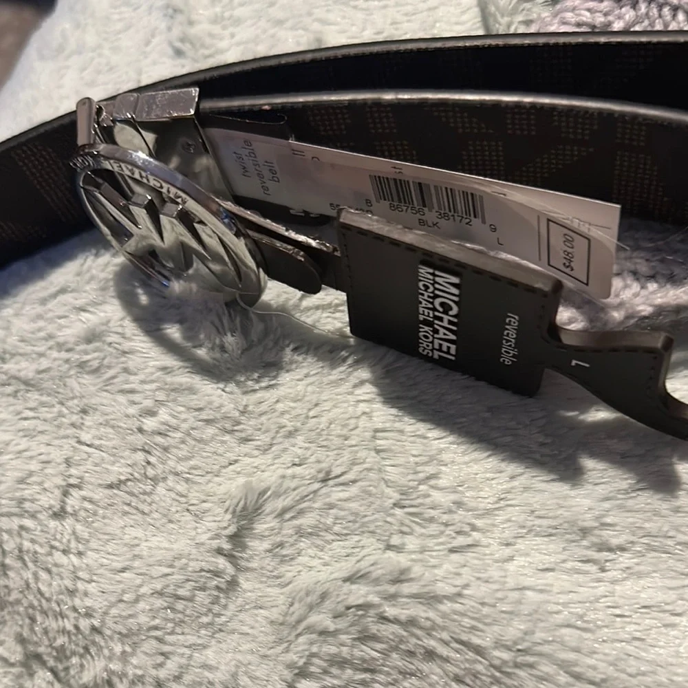 NWT MICHAEL Michael Kors Black Brown Reversible Belt with Silver Buckle